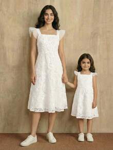 SHEIN Young Girl Floral Decor Mesh Patchwork Fashionable Elegant Party & Daily Wear Dress - White - View 3