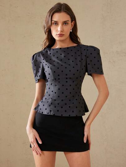 Aveloria Rosie New Arrival Black & Gray Contrast Flocked Polka Dot Off Shoulder Petal Sleeve Cinched Waist Blouse, Elegant French Retro Versatile For Work & Party
