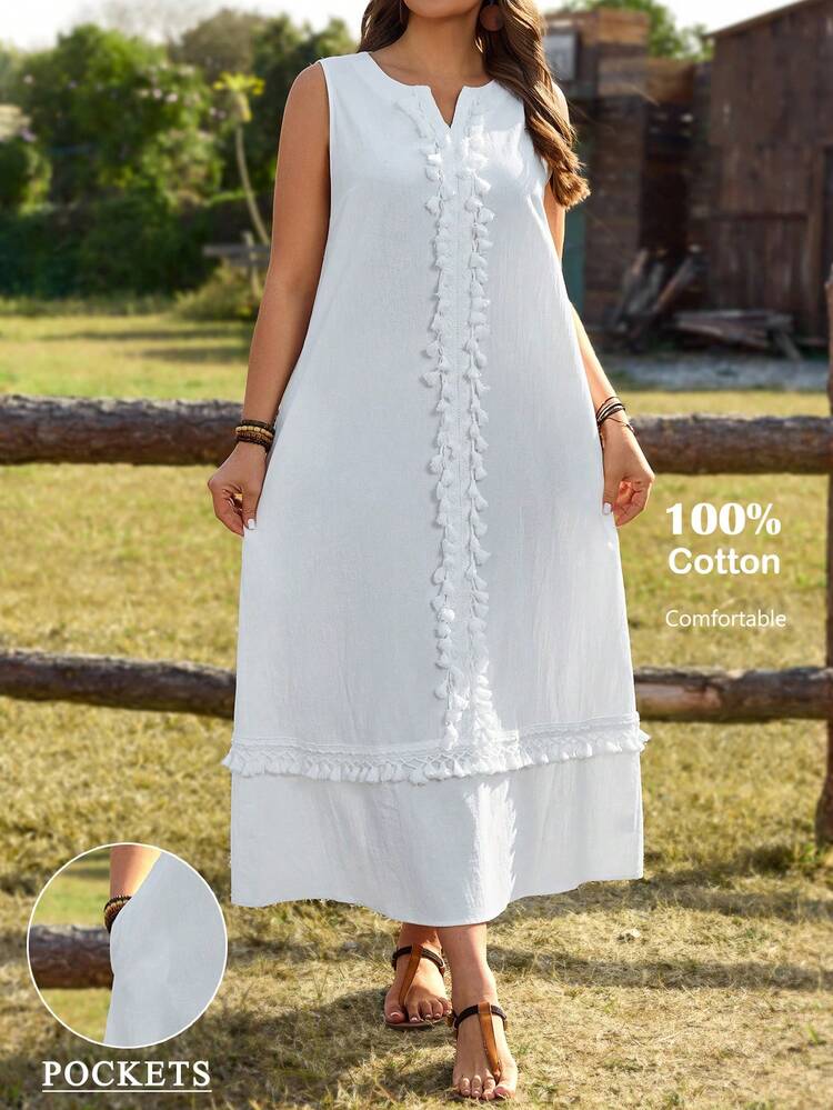 Plus Size Women's Summer Casual Vacation Country Solid Color White Sleeveless Tassel Long Dress,Summer Outfits For Women ,Vacation Outfits Women ,Holiday Outfits For Women,Going Out Outfits,2026 New Clothes,Simple And Fashionable For Everyday Wear,Suitable For Summer, Vacation, Daily Wear, Festival Outfits For Women,Country Concert Outfit,Beach Outfits For Women,Western Style,Flowy Dress