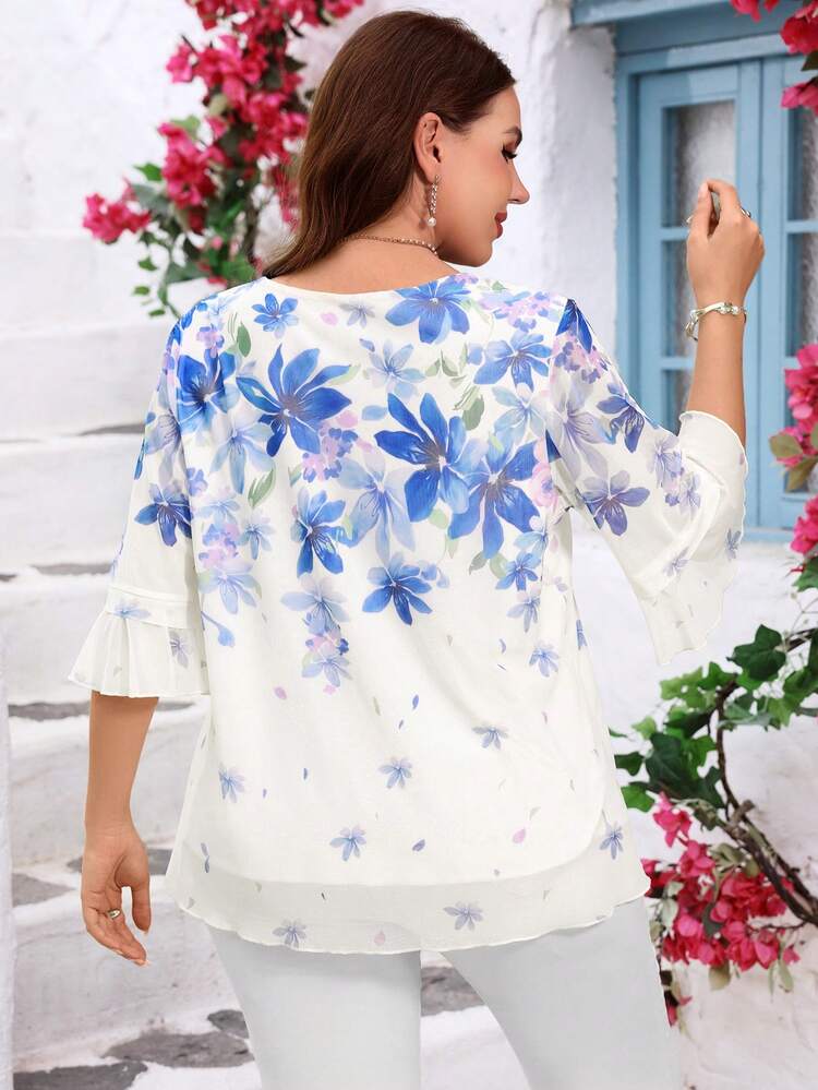 Plus Size Women's Summer Casual Vacation  Elegant Romantic Blue Floral Print Ruffle Sleeve Blouse Shirt Top,Casual Holiday Style,Summer Outfits For Women ,Vacation Outfits Women ,Holiday Outfits For Women,Going Out Outfits, New Clothes,Simple And Fashionable For Everyday Wear,Suitable For Summer, Vacation, Daily Wear, Festival Outfits For Women,Country Concert Outfit,Beach Outfits For Women,Gifts For Mother,Boho Shirt,Tunic Blouse,White Top