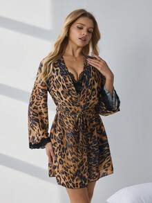 HautHeat Women's Sexy Leopard Print Contrast Lace Camisole Dress And Robe Sleepwear Set - Coffee Brown - View 6