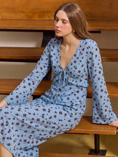 lacRébo Sky Blue Floral Print V-Neck Tie-Front Midi Dress With Ruffled Details And Long Sleeves Spring Summer Picnic Dress Going Out Dress French Style Parisian Style Dress Cute Dress Vintage Dress Womens Spring Dress Women Casual Dresses Womens Holiday Dress Floral Print Dress Long Sleeve Sundress