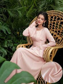 Al Najma Jacquard Splice Tie-Up Design Waist Cinching Round Neck Flare Sleeve Elegant Party Dress - Pink - View 7