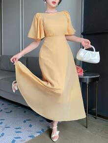 DAZY Robe mi-longue élégante à col rond et manches volantées de couleur unie, robes d'été pour femmes - Jaune citron - Voir 10