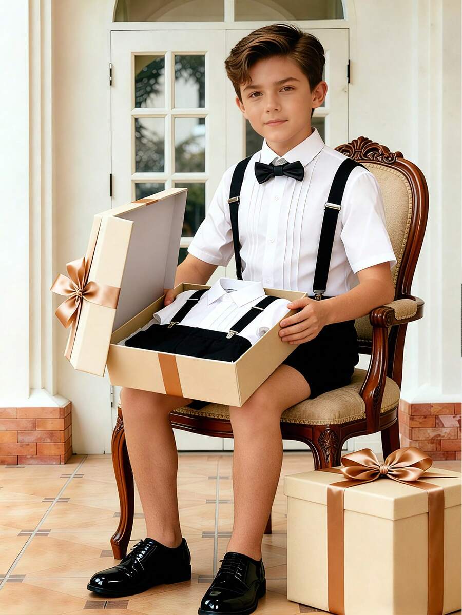 SHEIN 3pcs Tween Boy Suit Set: Collared Shirt, Detachable Suspender Pants, Elegant Bow Tie Boys Summer Formal Sets
