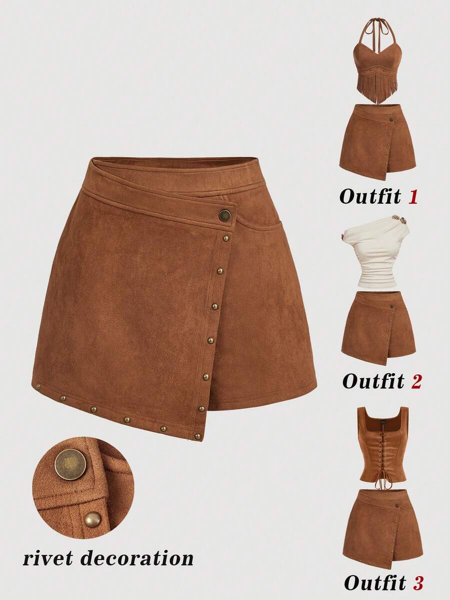 SHEIN MOD Falda-pantalón de unicolor con bajo asimétrico para mujer talla grande, adecuada para festivales de música - Marrón - Ver 1