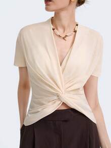 Aalyst Women's Fashion Knitted V-Neck Short Sleeve Twist Ruched Irregular Elegant Romantic Casual Daily, Commute, Gathering, Vacation T-Shirt, Spring/Summer - Apricot - View 4