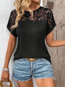 Women's Contrast Lace Round Neck Short Sleeve Casual T-Shirt - Black - View 7
