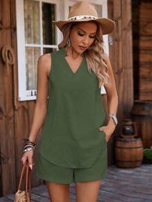 EMERY ROSE Women's Vacation Casual Vintage Solid Color Tank Top And Shorts 2 Pieces Set Ninang Olive Green Summer - Army Green - View 4