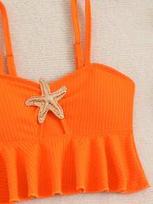 SHEIN 少女比基尼套装，两件套针织面料吊带泳衣，时尚休闲优雅的少女泳装，适合游泳、暑假、海滩、泳池等场合。 - 橘色 - 查看 6