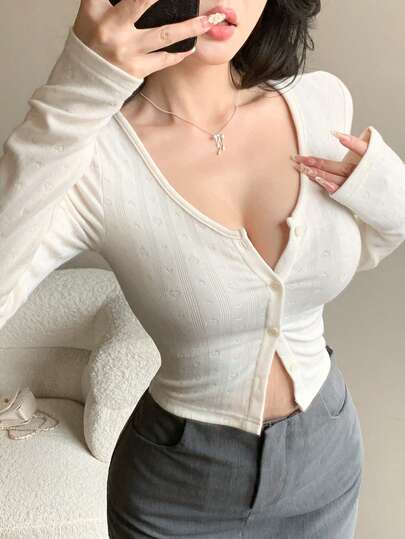 Joudiya Áo cardigan nữ tay dài in hoa trắng với họa tiết trái tim, kiểu dáng thường ngày, thanh lịch, phù hợp đi làm, ngọt ngào, thích hợp cho mùa xuân và mùa hè.