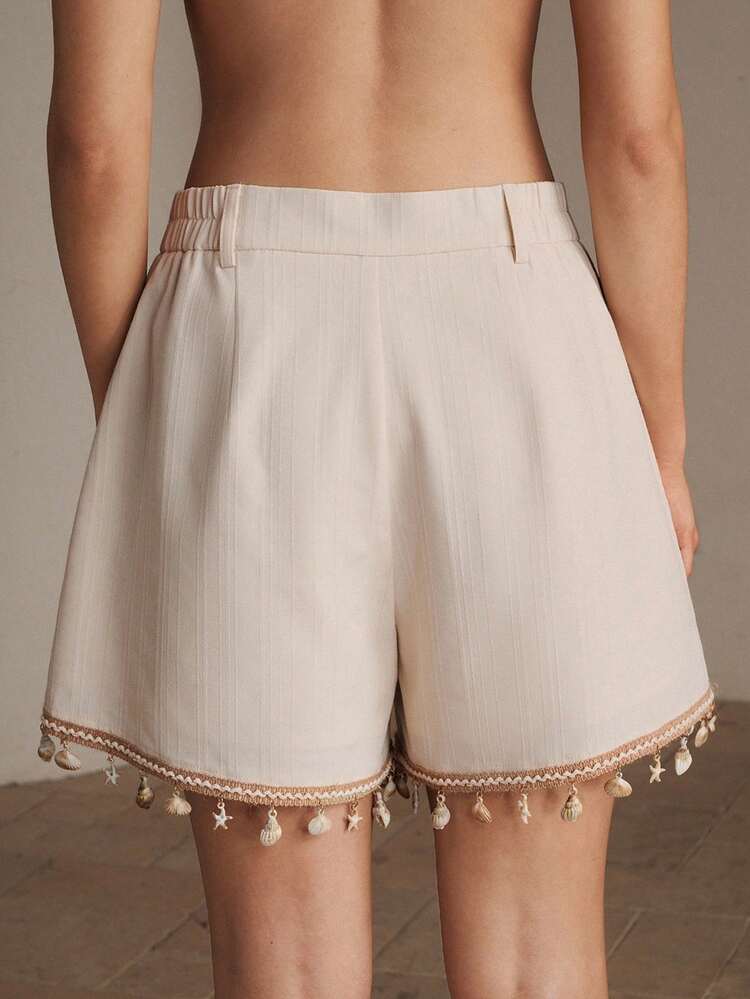 Apricot Retro Design Seashell Tassel Woven Belt Loose Beach Shorts, Casual A-Line Pants For Women Summer