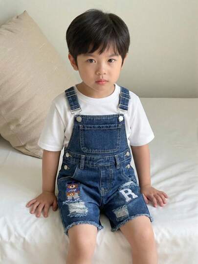 Young Boys Denim Overalls, New Summer Collection, Mid-Blue Denim Color, Casual & Cute Style, Bear & Letter Embroidery, Distressed Ripped Design, Loose Straight Fit, Comfortable Cotton Denim Fabric, Suitable For Casual Outings, School, Commute, Home Gatherings & Activities Denim Overalls Kids Kids Overall Shorts