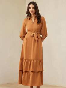 BELROSIE Elegant Casual V-Neck Puff Sleeve Belted Layered Ruffle Hem Dress For Women - Brown - View 4