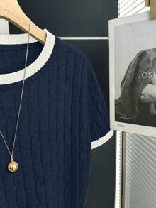 Franclia New Arrival Casual Loose Korean Style Round Neck Cable Knit Contrast Color Pullover Sweater For Women, Autumn/Spring - Royal Blue - View 4