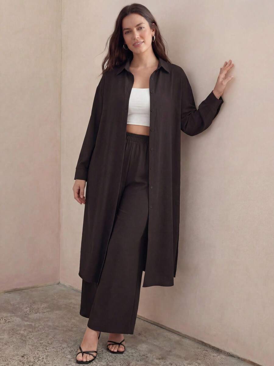 Juhart Plus Size "LUNE" Women's Casual Long Jacket And Regular Pants Retro Simple 2 Pieces Outfit - Multicolor - View 1