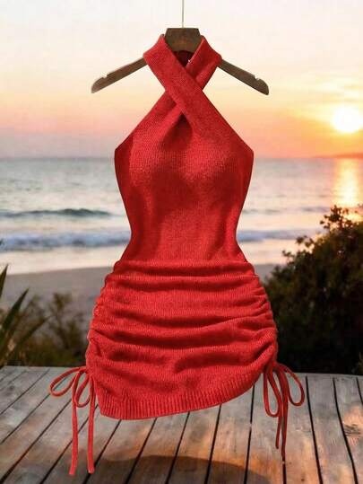 SHEIN LUNE Vestido de punto ajustado con espalda abierta, cintura fruncida, cordón y cuello halter en rojo vintage romántico para mujer, de primavera temprana