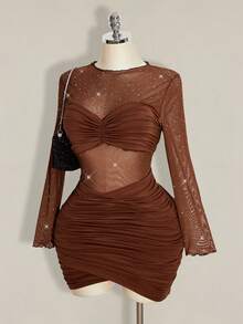 SHEIN ICON 大码女士性感派对黑色迷你连衣裙 - 棕色 - 查看 4