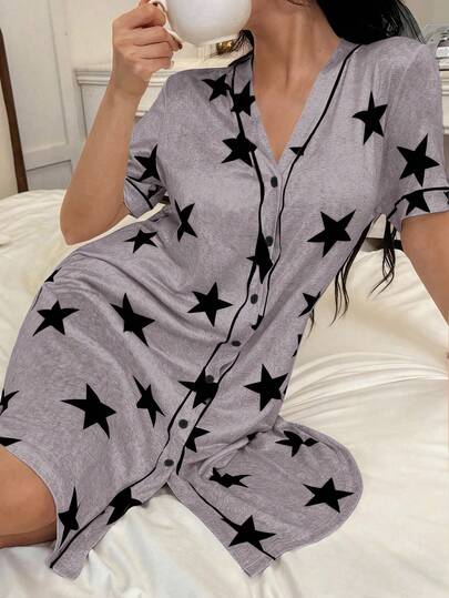 SHEIN American Casual Star Print V-Neck Short Sleeve Women Nightgown