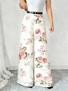 SHEIN Elenzya Women's Elegant Commuter Floral Print Wide Leg Pants - Multicolor - View 4