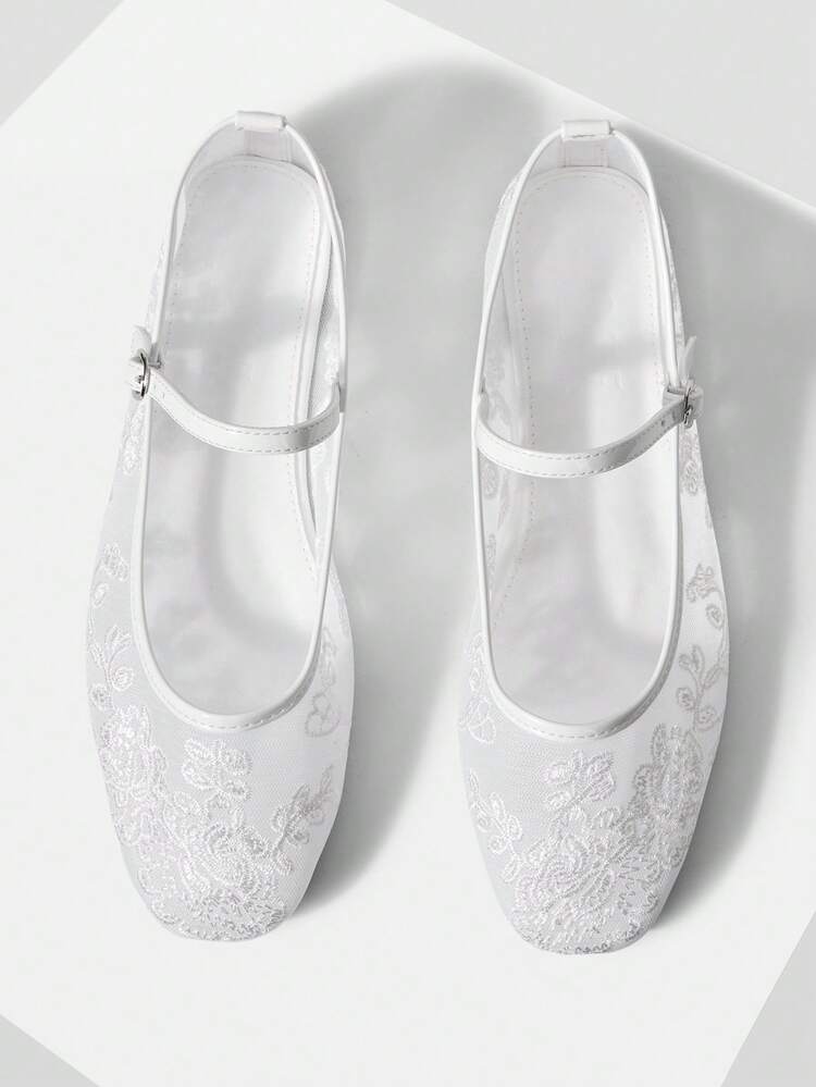 LADIES ELEGANT VERSATILE COMMUTER MESH FLORAL EMBROIDERED BUTTON FLATS FOR HOLIDAY WEAR