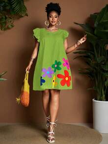 Maweii 女士黑色卡通印花A字圆领喇叭袖休闲度假连衣裙，简约日常穿搭，新品上市，时尚小众设计，大码及膝款 - 綠色 - 查看 6