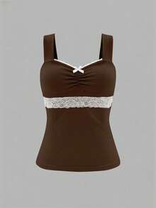 Glimmora 女士蝴蝶结装饰撞色蕾丝粗肩带上衣 - 棕色 - 查看 3