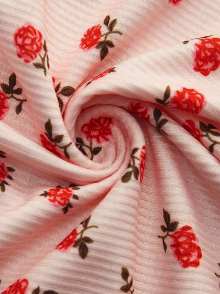 Pink Floral Stretch Tee With Square Neckline And Lace Trim Spring Summer Vacation Top Cute Holiday Top Stretchy Flower T-Shirt French Style Parisian Style