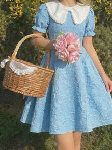 SHEIN Modisches, elegantes Kontrastfarben-Kragen-Kurzarmkleid für Tween-Mädchen - Babyblau - Übersicht 11