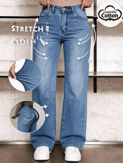 Vaqueros rectos sueltos para mujer, pantalones vaqueros casuales azules lavados con agujeros, adecuados para una variedad de ocasiones, Jeans de mujer