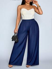 SOLERSUN Pantalon ample en coton-lin imitation denim de couleur unie pour femmes grandes tailles, idéal pour les vacances, les déplacements et le port quotidien. - Bleu marine - Voir 2