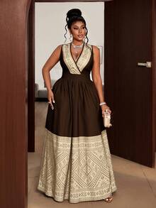 Maweii Plus Size Summer Elegant Colorblock Geometric Print Sleeveless Dress - Apricot - View 5