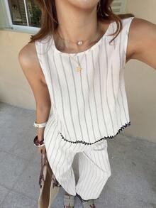 Serisse 女士条纹圆领上衣和阔腿裤休闲两件套 - 杏色 - 查看 7