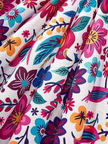Tween Girl Fuchsia Patchwork Colorful Floral & Bird Print Cap Sleeve Waist Fit Flare Dress - Multicolor - View 7