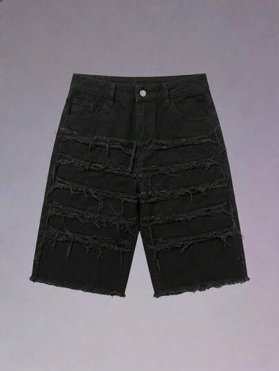 DSELFIQUE 男士磨边牛仔短裤外出纯色牛仔短裤纯色黑色牛仔短裤，适合送给老公、男朋友的礼物