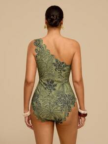 Travachic 热带度假风绿色植物印花荷叶边连体泳衣，复古度假风显瘦泳装，女士大码 - 綠色 - 查看 2