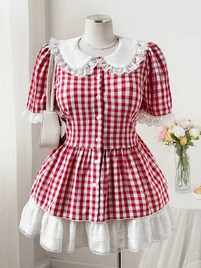 Sweetra 大码女式娃娃领荷叶边装饰A字开襟泡泡袖格子休闲可爱甜美约会派对衬衫