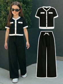 SHEIN Girlism Bộ đồ 2 món cho bé gái tuổi teen: áo thun cổ chữ V phối màu và quần ống đứng, trang phục thường ngày thanh lịch, phù hợp cho đi chơi, họp mặt gia đình. - màu đen - Xem 2