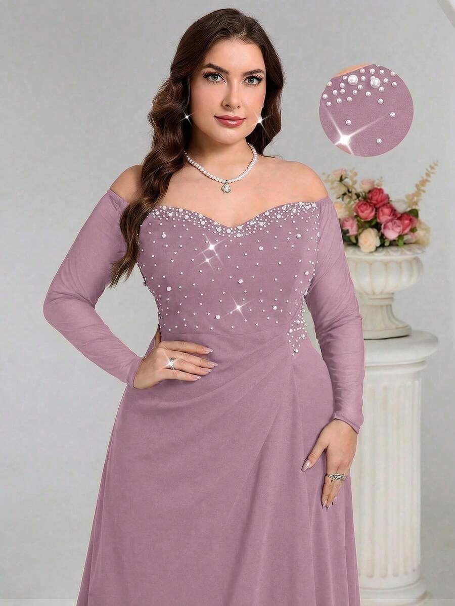 Coutiva Plus Size Women Off-Shoulder Faux Pearl Decor Ruched Waist Elegant Formal Evening Dress - Dusty Pink - View 1