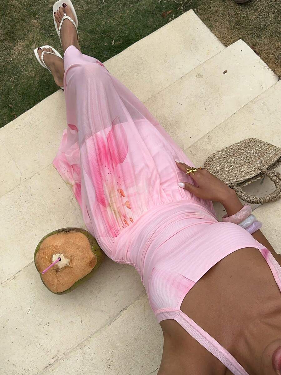 Sunnyshic Women's Pink Gradient Print Chiffon Dress With Spaghetti Strap, Vacation Style, Spring/Summer - Pink - View 1