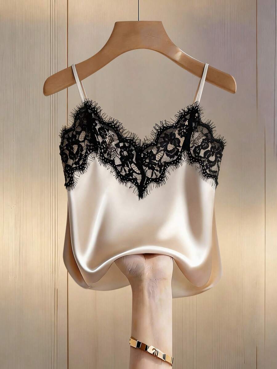 Airaco Áo hai dây satin phối ren gợi cảm ôm sát, áo croptop thoải mái cho mùa hè, kỳ nghỉ biển, du lịch dành cho nữ. - Màu be - Xem 1