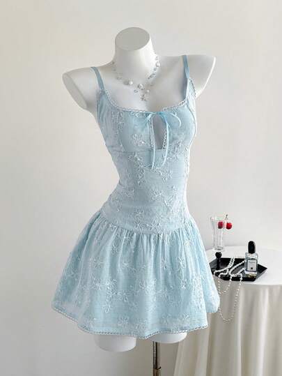 Elamini Sweet French Bow Collar Embroidered Floral Decor Holiday Dress, Waist Gathered Ballerina Style Spaghetti Strap Dress