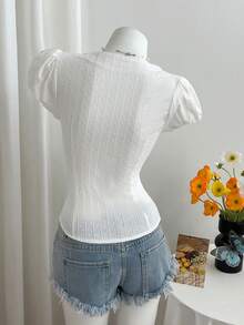 Elamini Women's Casual Deep V-Neck Pleated Petal Sleeve Blouse, Made Of Organic Cotton Jacquard Fabric - White - View 2