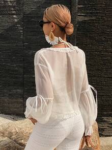 DAZY Áo tắm nữ cổ chữ V tay dài, chất liệu ren xuyên thấu, phối ren, buộc dây phía trước, thích hợp mặc ngoài biển. - trắng - Xem 6