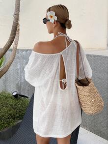 DAZY Áo thun nữ dáng rộng cổ tròn tay dài với họa tiết hoa rỗng ở phía sau, thanh lịch cho mùa hè. - trắng - Xem 6