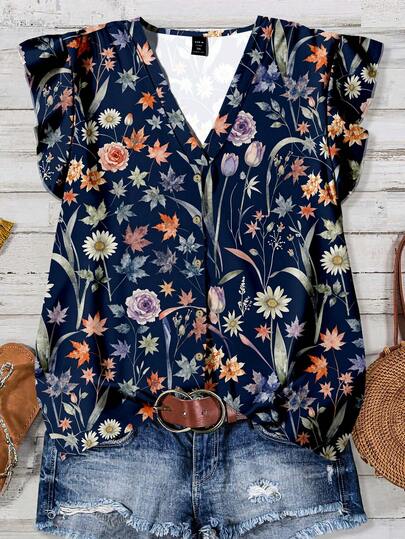 Mellowie Casual Minimalist Elegant Romantic Vintage Floral Print Pattern, Beach/Vacation Outfit, Summer Outing Women's V-Neck Button Down Puff Sleeve Plus Size Blouse