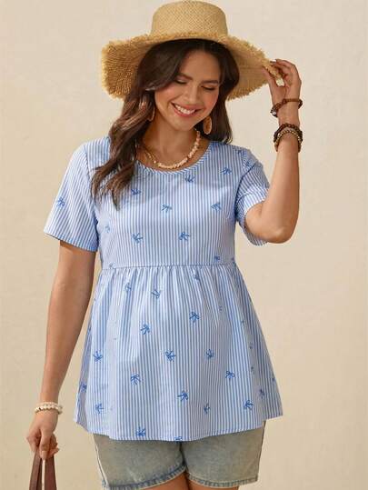 SHEIN Maternity Vacation Casual Striped Bow Print Shirt
