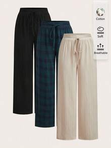 SHEIN Essnce 3件套女士休闲宽松长裤，复古格子图案，抽绳腰带，适合度假、居家、海滩、工作等场合，百搭时尚 - 彩色 - 查看 11