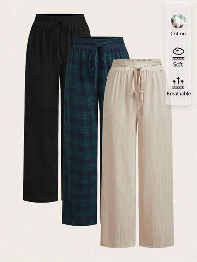 SHEIN Essnce 3件套女士休闲宽松长裤，复古格子图案，抽绳腰带，适合度假、居家、海滩、工作等场合，百搭时尚