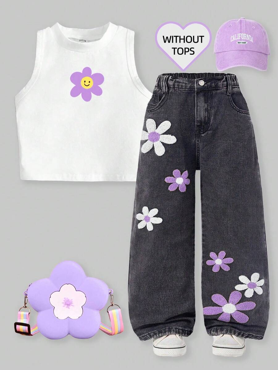 Young Girl Y2k Vintage Washed Flower Flocking Jeans, School, Campus, Autumn And Winter Holiday Jeans, Fashionable, Vintage Washed Denim Trousers, 90s - Dark Grey - View 1